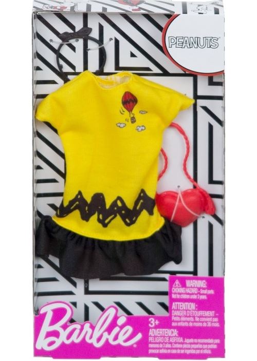 Barbie - habit poupee mannequin - jupe noire et haut snoopy jaune avec sac a main coeur rouge et serre tete noire - vetement - tenue - accessoire