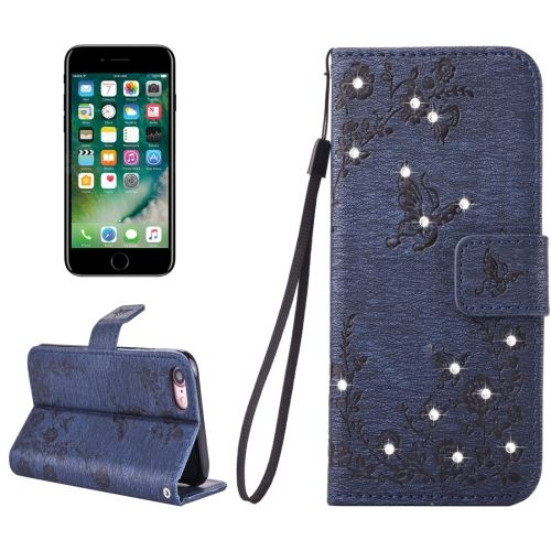 iPhone 8 Housse Etui Cuir PU Bleu Gravé Papillons Fleurs Bijoux ALS40467