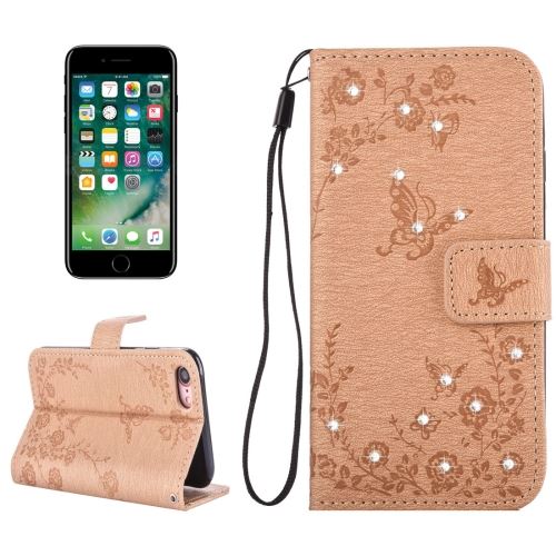 iPhone 8 Housse Etui Cuir PU Doré Gravé Papillons Fleurs Bijoux ALS40471