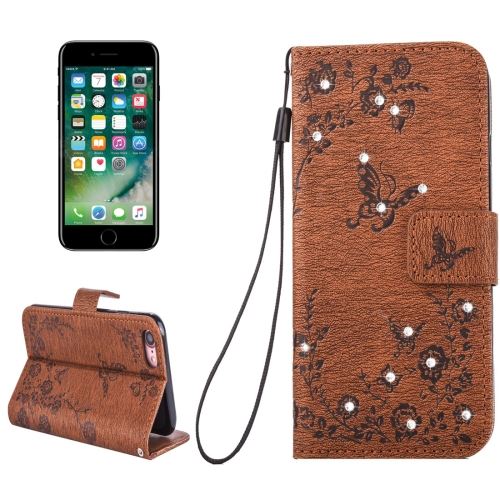 iPhone 8 Housse Etui Cuir PU Marron Gravé Papillons Fleurs Bijoux 7 ALS40476