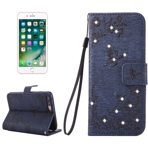 iPhone 8 Plus Housse Etui Cuir PU Bleu Gravé Papillons Fleurs Bijoux ALS43140