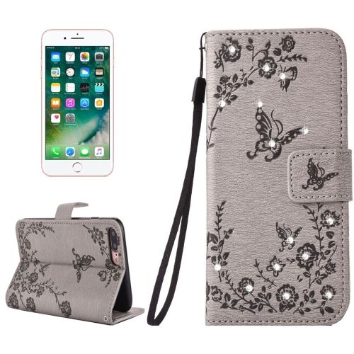 iPhone 8 Plus Housse Etui Cuir PU Gris Gravé Papillons Fleurs Bijoux 7 ALS43143