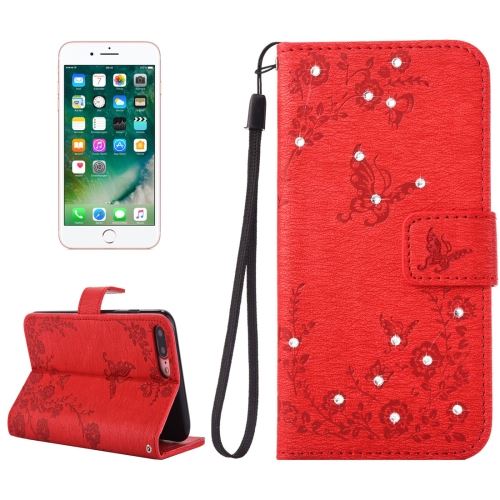 iPhone 8 Plus Housse Etui Cuir PU Rouge Gravé Papillons Fleurs Bijoux ALS43148