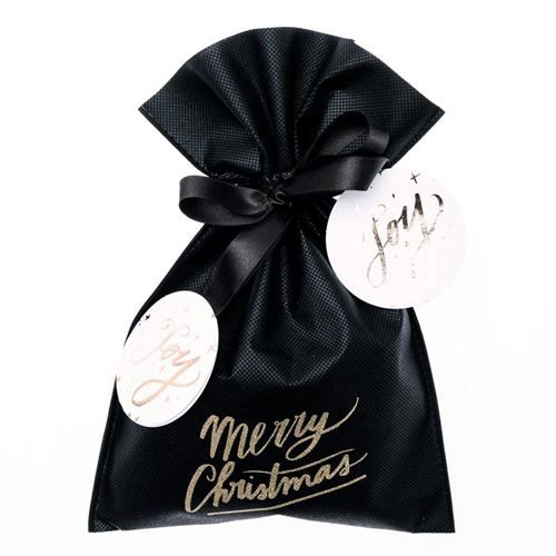 Petit Sac Cadeau en tissu Noir - Merry Christmas - 20 x 30 cm