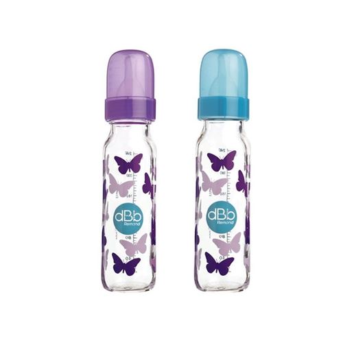 dBb Remond 101722 Régul'Air Biberon avec Tétine NN en Verre/Silicone sous Boite Rond Violet Translucide Motif Papillons 240 ml
