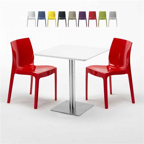 Table carrée blanche 70x70 avec pied en acier et 2 chaises colorées Ice Strawberry, Couleur: Rouge