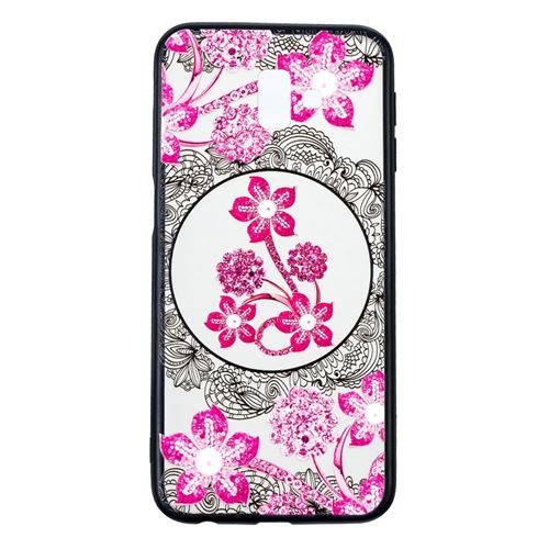 Coque en TPU dentelle motif dentelle impression 3D fleur strass combo fleur rose pour votre Samsung Galaxy J6 Plus