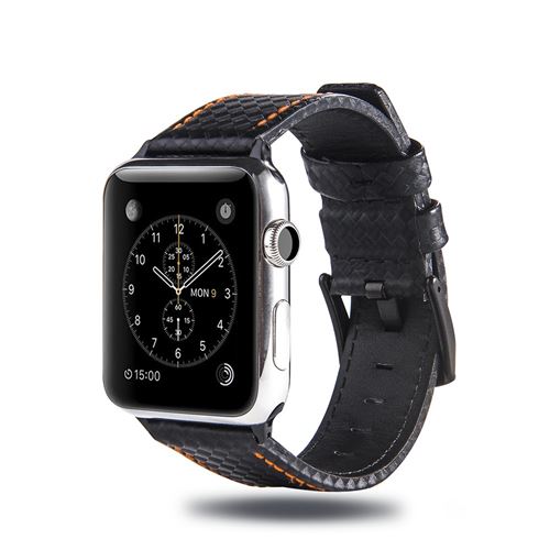 Bracelet en cuir véritable en fibre de carbone noir/orange pour votre Apple Watch Series 4 44mm/Series 3 2 1 42mm