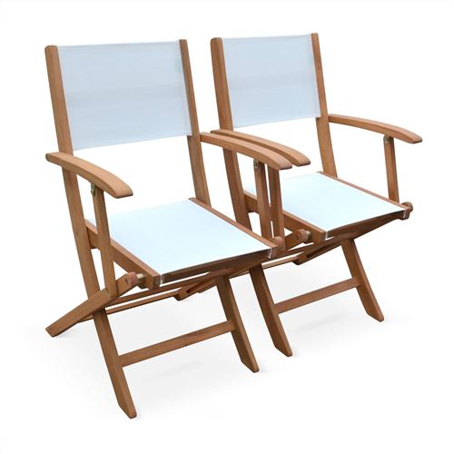 Sweeek Fauteuils de jardin en bois et textilène - Almeria blanc - 2 fauteuils pliants en bois d'Eucalyptus huilé et textilène