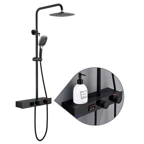 Colonne de Douche avec Plateau de Rangement Ensemble de Douche Écran LCD Affichage Digital Température et Temps Kit de Douche Noir Hauteur Réglable