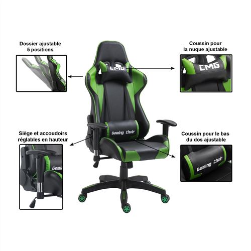 Chaise de bureau GAMING fauteuil ergonomique avec coussins, siège style  racing racer gamer chair, revêtement synthétique noir/vert - Achat & prix