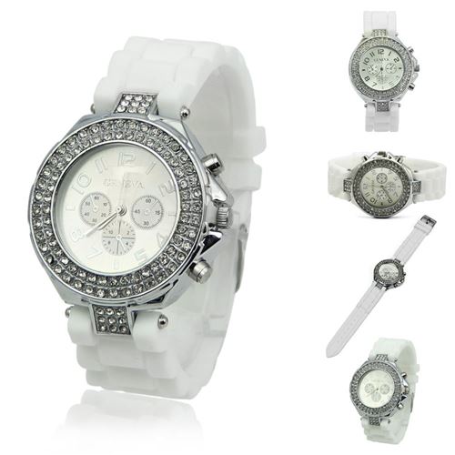 Genève montre bracelet cristal silicone quartz Blanc