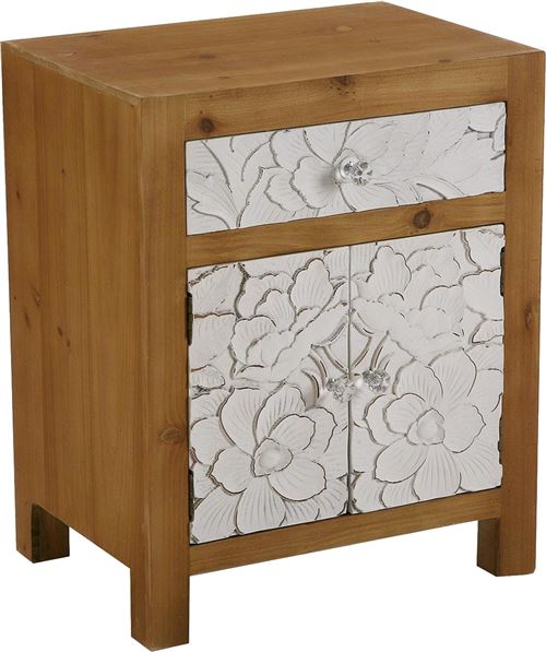 Versa - Table de chevet bois et blanc motif fleur Agnette