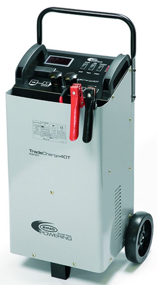 RING RCBT40T Chargeur/ Démarreur de Batterie Professionnel Ring, 40 Amp, 12V/24V, sur Chariot, 4 Niveaux de Charge, Écran Digital, Anti-Chocs