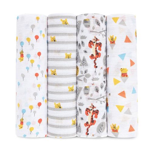 aden by aden+anais Lot de 4 Maxi-Langes en Mousseline Motif Winnie L'Ourson 112 cm x 112 cm