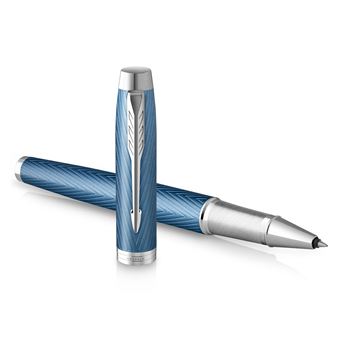 Stylo roller Parker IM Premium Bleu et Gris avec finition chrome pointe fine