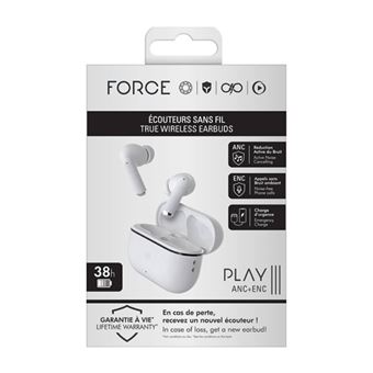 Force Play III - Écouteurs sans fil avec micro - intra-auriculaire - Bluetooth - Suppresseur de bruit actif - blanc