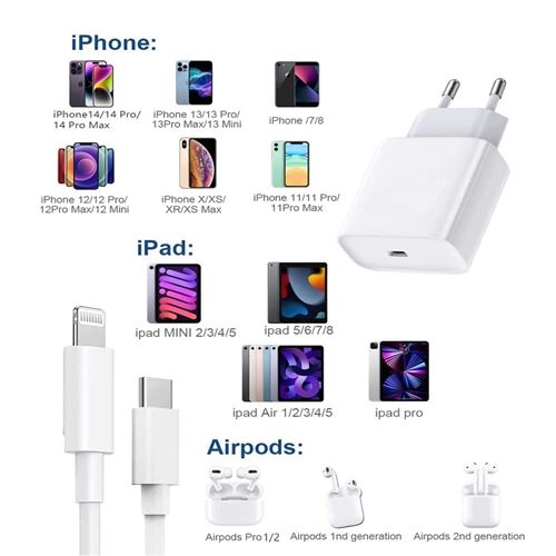 Chargeur Rapide IPhone USB C 20W Adaptateur Avec 2M Câble, Apple Prise Pour IPhone 14/14 Plus/14 Pro/14 Pro Max/13/12/11/SE/iPad - Téléphonie