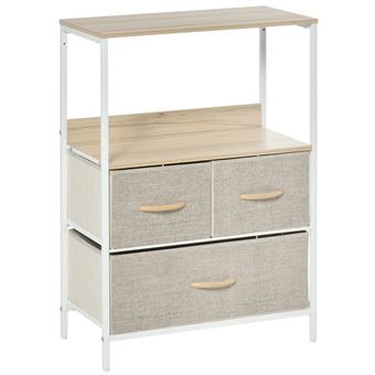 Meuble de rangement commode 3 tiroirs étagère plateau acier blanc MDF bois clair non tissé gris clair - 1