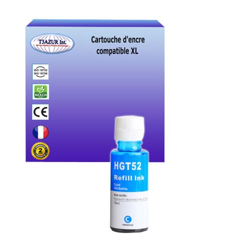 Bouteille d'encre compatible avec HP Smart Tank Plus 551, 555, 559, 570 remplace HP GT52- Cyan - 70ml - T3AZUR