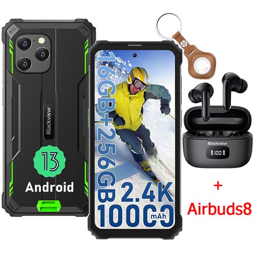 Blackview BV8900 Pro Smartphone Incassable 6,5 16Go+256Go 64MP 10000mAh NFC Vert avec Écouteurs Bluetooth Airbuds8(Noir)