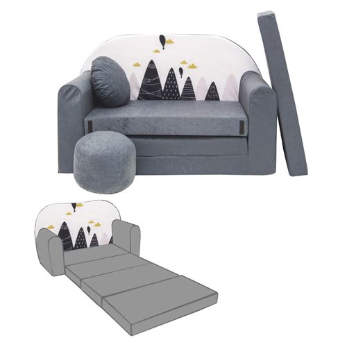WELOX NINO Canapé convertible lit pour enfant avec pouf et coussin OEKO-TEX Montagnes gris