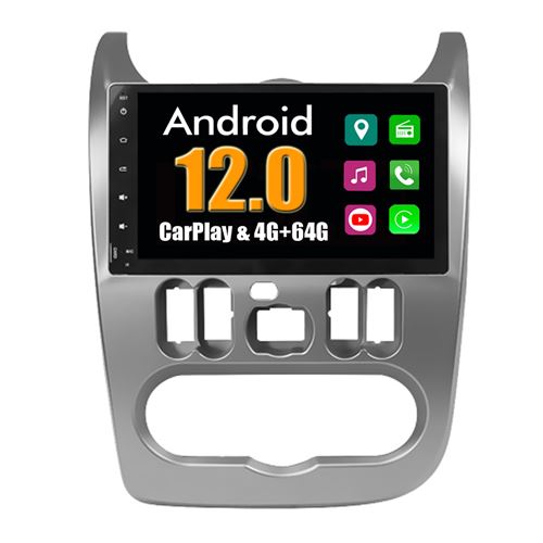 Autoradio CarPlay Multimédia RoverOne Android 4Go RAM 64Go ROM GPS pour Renault Logan Sandero Lada Lergus Dacia Duster 2008-2012 / Argent