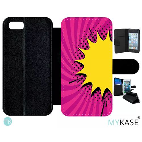 Etui My-Kase pour iPhone Se 2020 - fond comics rose - Simili-cuir Noir