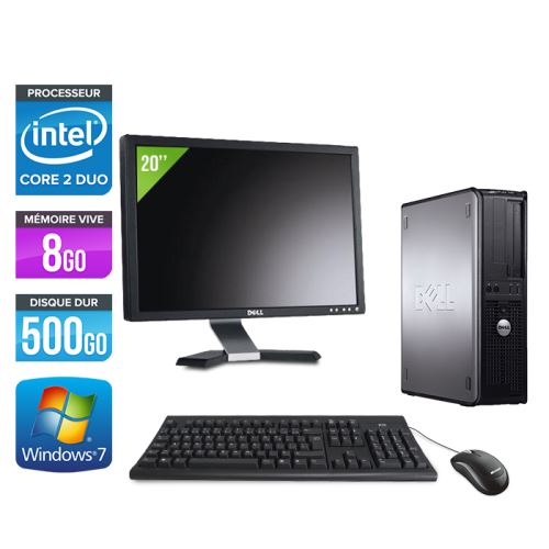 Ordinateur Dell Optiplex 780 Desktop + Ecran 20'' - Gris - Intel Core 2 Duo E7500 / 2.93 GHz - RAM 8Go - HDD 500 Go - DVD - Gigabit Ethernet - Windows