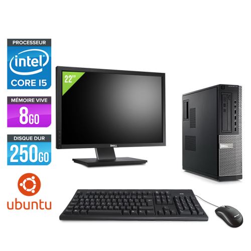 Pc Dell Optiplex 790 Desktop + Ecran 22'' - Noir - Intel Core i5-2400 / 3,10 GHz - RAM 8Go - HDD 250 Go - DVD - Gigabit Ethernet - Ubuntu / Linux
