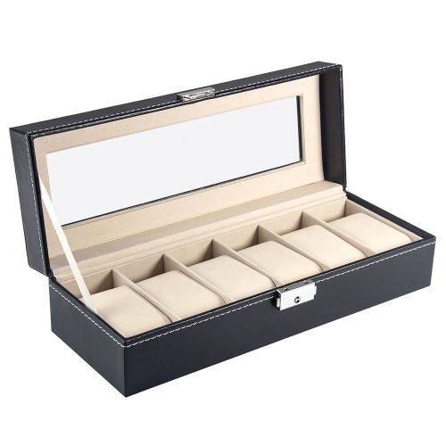 Présentoir/boîte/coffret à montre Noir coffret de rangement pour montres avec serrure (6 emplacements, noir)