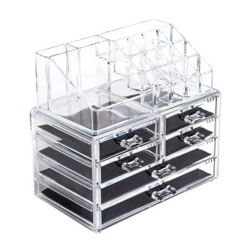 Organisateur Cosmétiques Acrylique Transparent - 16 Compartiments + 2 Tiroirs, Miroir X3, 25,5x22,5x15 Cm