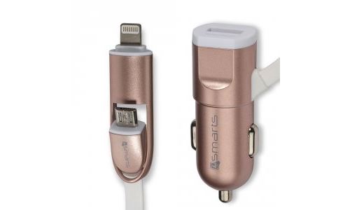 Chargeur allume cigare avec prise USB connecteur MicroUSB et Lightning rose or