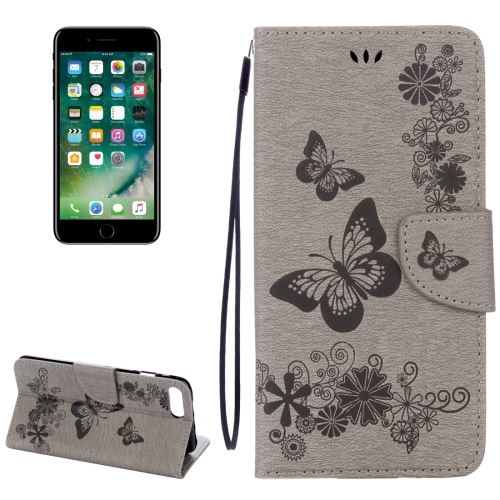 iPhone 8 Plus Housse Etui Cuir PU Gris papillons ALS43649