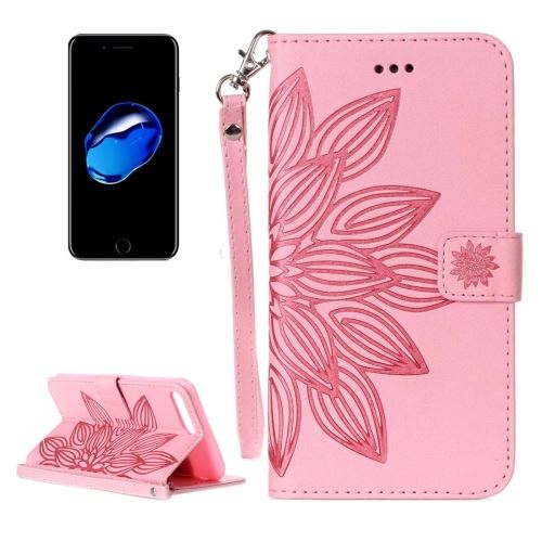 iPhone 8 Plus Housse Etui Cuir PU Rose Gravé Fleurs Lotus ALS42433