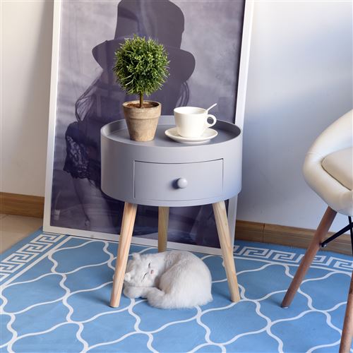 Chevet Table De Nuit Ronde Design Scandinave Tiroir Bicolore Pieds