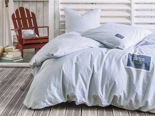 Parure housse de couette + taies coton rayure marine bleu/blanc 240x220cm SALT CO PATCH