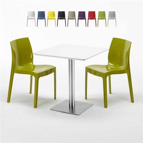 Table carrée blanche 70x70 avec pied en acier et 2 chaises colorées Ice Strawberry, Couleur: Vert