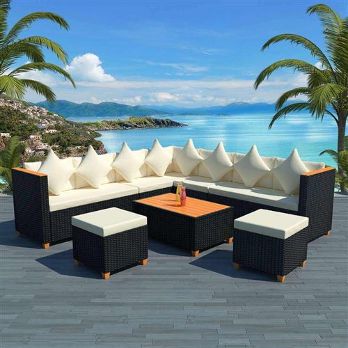 VIDAXL  salon de jardin 7 pcs avec coussins r&eacute;sine tress&eacute;e noir 42999