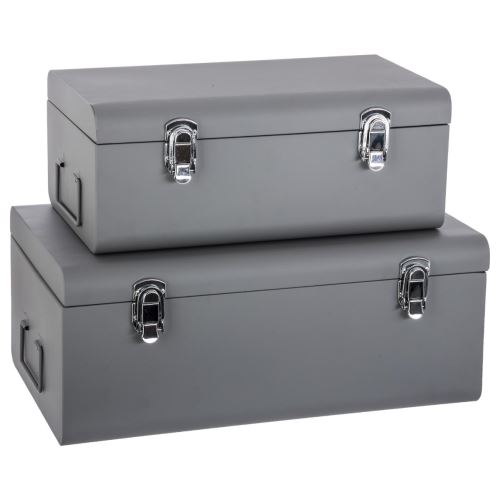 Set de 2 coffres malles de rangement en métal - esprit cantine - gris