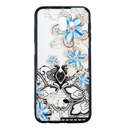 Coque en TPU dentelle motif dentelle impression 3D fleur strass combo fleur bleue pour votre Samsung Galaxy J6 Plus