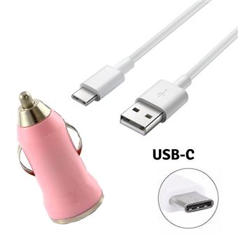 Cable USB-C + Chargeur Voiture Rose pour Huawei P10 - Cable Type USB-C Port USB Data Chargeur Synchronisation Transfert Donnees Mesure 1 Metre Chargeur Voiture Universel Auto Allume Cigare Phonillico® - 1