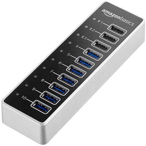 AmazonBasics Hub USB-C 3.1 10 ports avec adaptateur secteur 65 W (20 V/3,25 A), Argenté