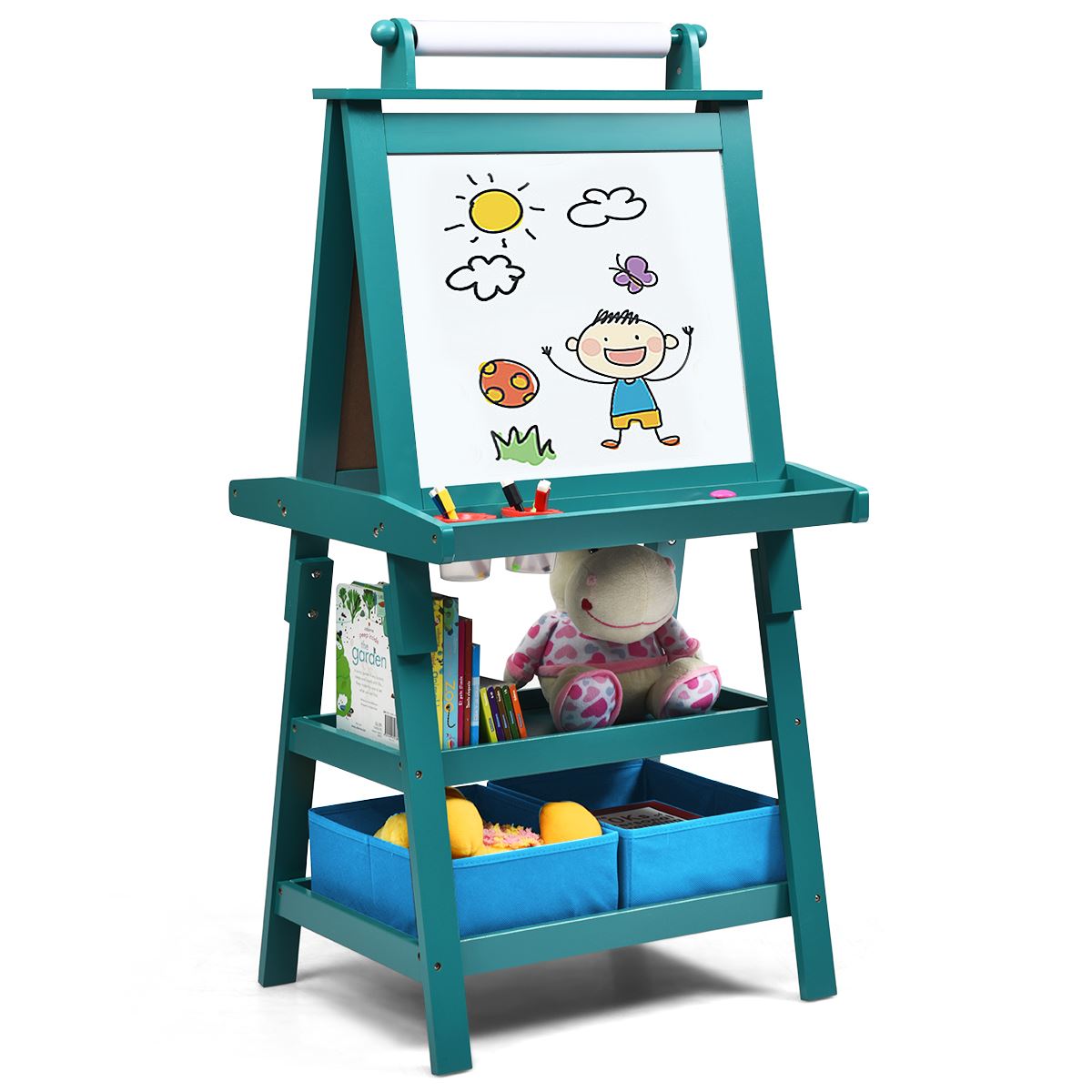 Tableau Enfants COSTWAY 3en1 - 2 Faces (Tableau Blanc et Noir),Rouleau de Papier (Papier inclus), 2 Etagères et 2 Bac de Stocka - Jeux - Jouets