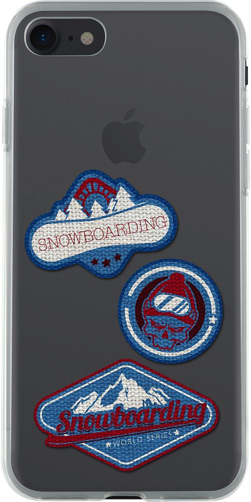 Coque semi-rigide transparente badges de snowboard pour iPhone SE (2020)/8/7/6S/
