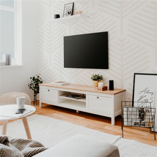 BERGEN Meuble TV 2 tiroirs - Decor chene artisan et blanc - L 160 x P 45 x H 40 cm