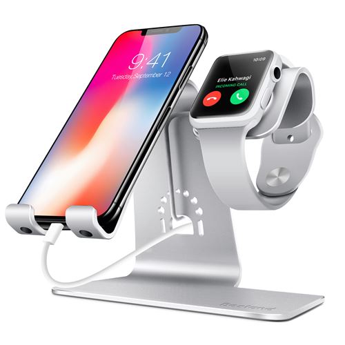 2 en 1 Aluminium Apple iWatch Support, Airpods Chargeur Station, iPhone Chargeur Station pour iWatch/iPhone/iPad Argent