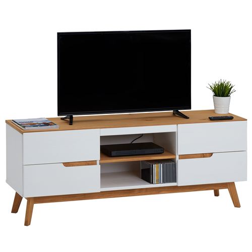 Meuble tv tibor banc télé de 149 cm au style scandinave design vintage nordique avec 4 tiroirs 2 niches, en pin massif lasuré blanc