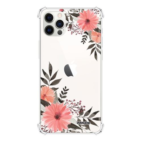Coque pour iPhone 12/12 Pro anti-choc souple angles renforcés transparente Fleurs roses [Evetane®]