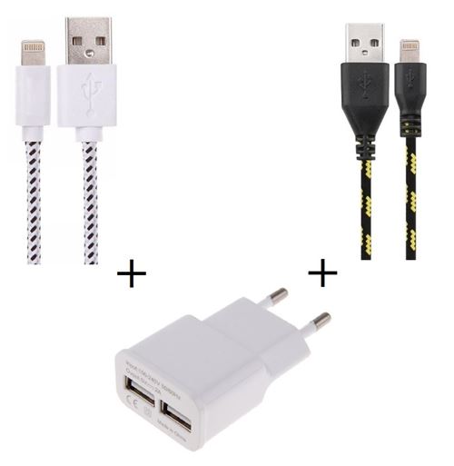 Pack Chargeur pour IPHONE 7 Lightning (2 Cables Tresse 1m Chargeur + Prise Secteur Double USB) Murale Android Universel